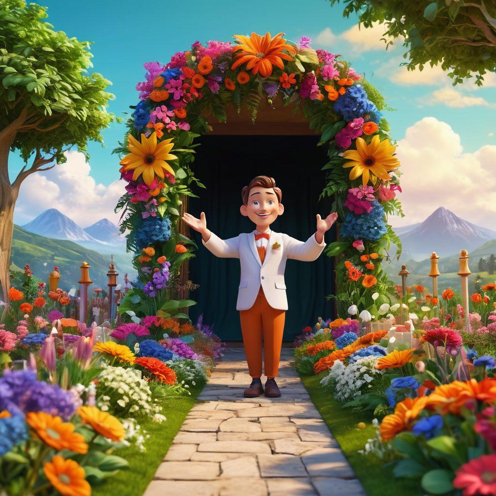 A whimsical yet respectful scene depicting an animated character celebrating life at an eco-friendly funeral; surrounded by vibrant flowers, lush greenery, and biodegradable decorations. The character is joyfully embracing nature, with a backdrop of a serene landscape merging animated elements with realistic eco-friendly designs. 3D. vibrant colors. surreal style.