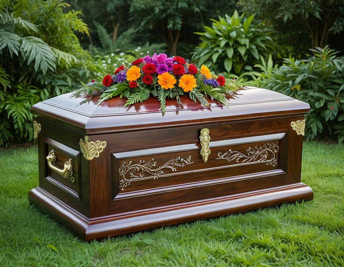 A serene outdoor setting featuring a beautifully designed eco-friendly casket adorned with intricate erotic art motifs. Surrounding the casket are lush greenery, blooming flowers, and soft, ambient lighting creating a peaceful atmosphere. In the background, gentle hills are visible, suggesting a connection to nature. A focus on blending themes of sensuality and sustainability. vibrant colors. ethereal lighting. organic shapes.